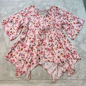 Torrid Floral Top Tunic Plus Size 3 Pink Asymmetrical Drawstring Waist Vneck
